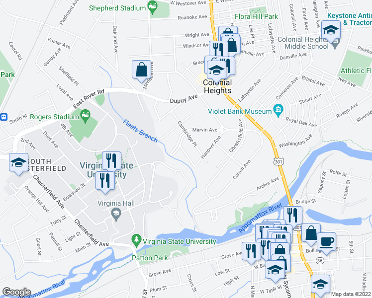 map of restaurants, bars, coffee shops, grocery stores, and more near 210 Orchard Avenue in Colonial Heights