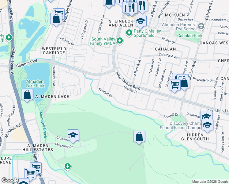 map of restaurants, bars, coffee shops, grocery stores, and more near 943 Foothill Drive in San Jose