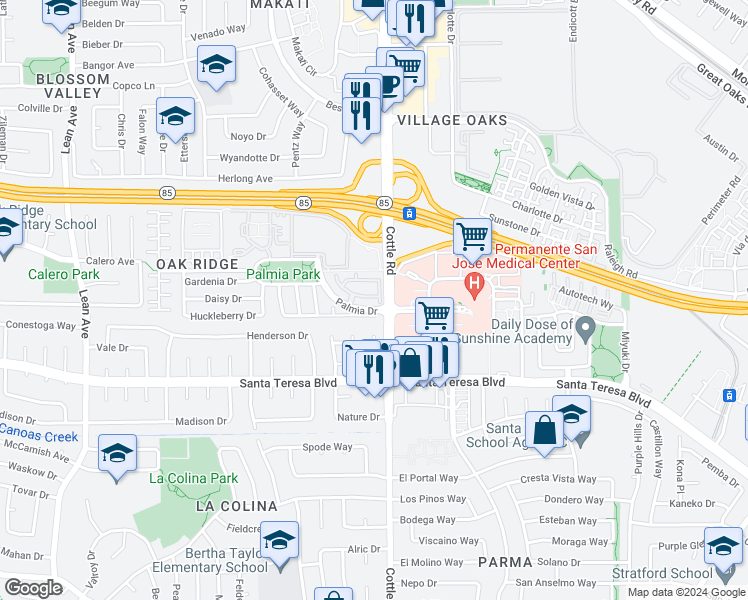 map of restaurants, bars, coffee shops, grocery stores, and more near 308 Ribbonwood Avenue in San Jose