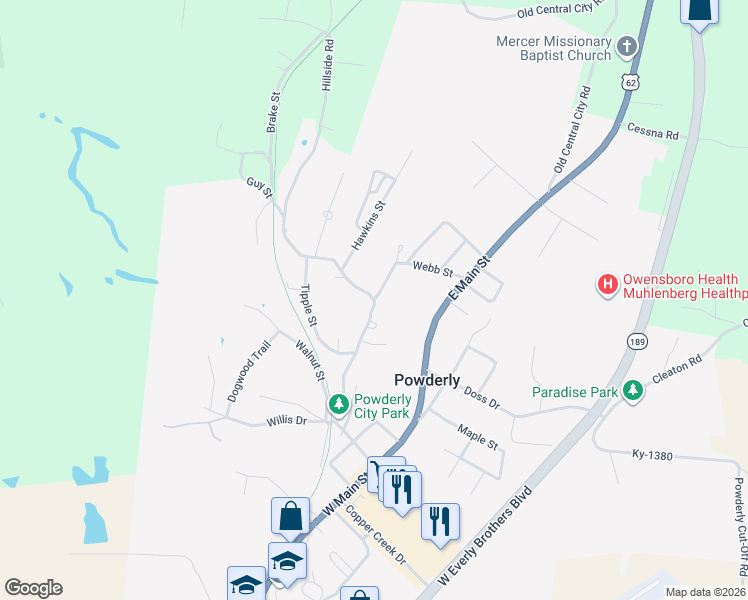 map of restaurants, bars, coffee shops, grocery stores, and more near 600 Hillside Road in Powderly