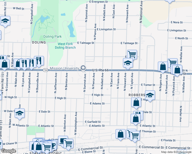 map of restaurants, bars, coffee shops, grocery stores, and more near 2302 North Pierce Avenue in Springfield