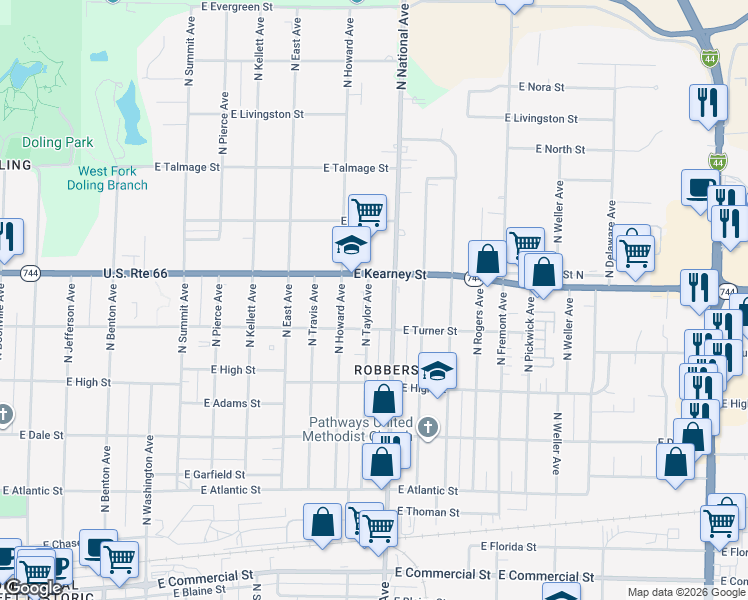map of restaurants, bars, coffee shops, grocery stores, and more near 2332 North Taylor Avenue in Springfield