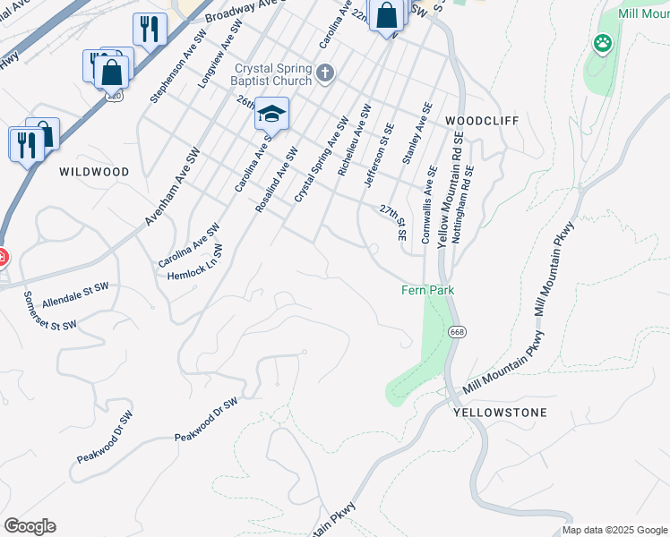 map of restaurants, bars, coffee shops, grocery stores, and more near 2830 Wilton Road Southwest in Roanoke
