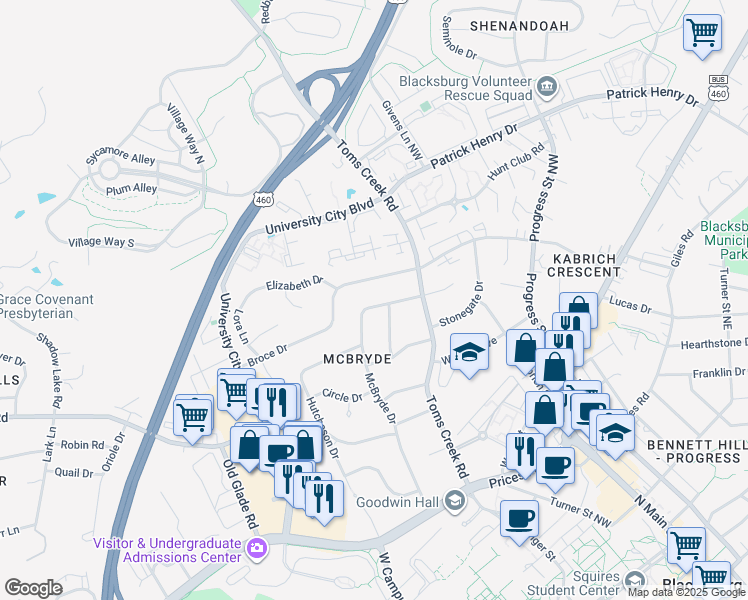 map of restaurants, bars, coffee shops, grocery stores, and more near 607 Broce Drive in Blacksburg