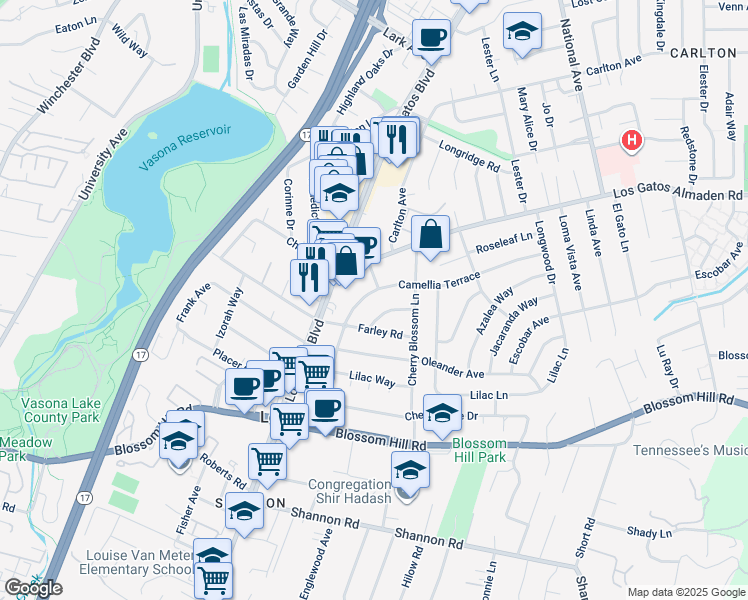 map of restaurants, bars, coffee shops, grocery stores, and more near 15670 Peach Blossom Lane in Los Gatos