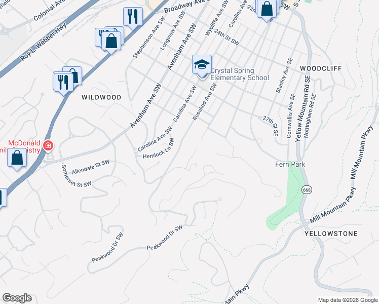 map of restaurants, bars, coffee shops, grocery stores, and more near 2999 Crystal Spring Avenue Southwest in Roanoke