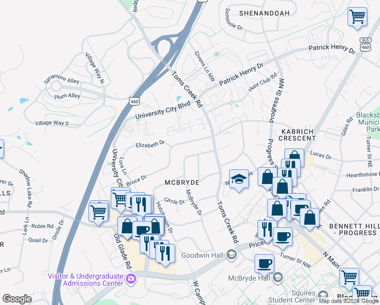 map of restaurants, bars, coffee shops, grocery stores, and more near 607 Broce Drive in Blacksburg