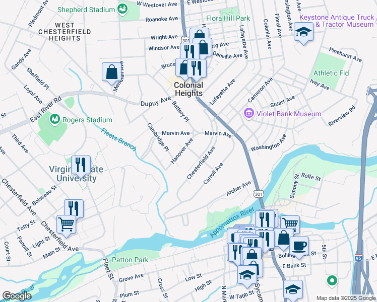 map of restaurants, bars, coffee shops, grocery stores, and more near 115 Hanover Avenue in Colonial Heights