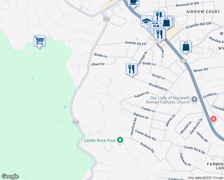 map of restaurants, bars, coffee shops, grocery stores, and more near 1864 Pelham Drive in Roanoke