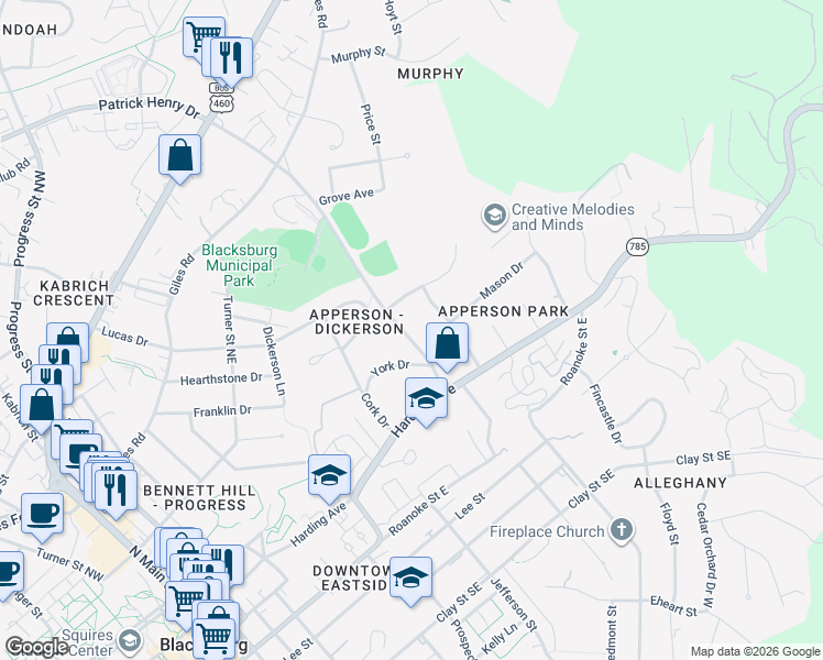 map of restaurants, bars, coffee shops, grocery stores, and more near 408 Patrick Henry Drive in Blacksburg