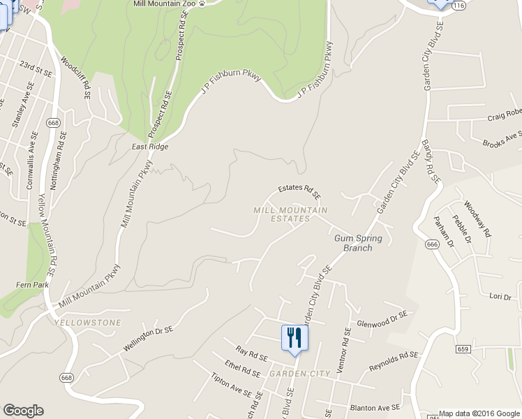 map of restaurants, bars, coffee shops, grocery stores, and more near Estates Road Southeast in Roanoke