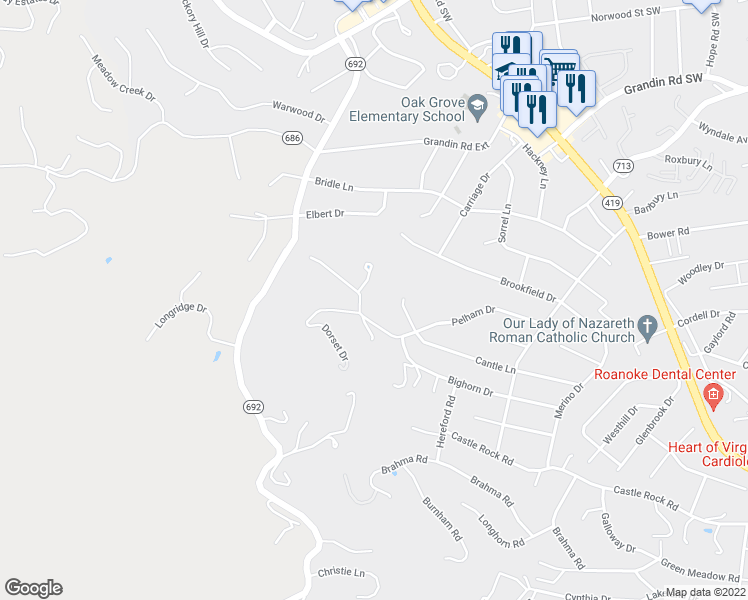 map of restaurants, bars, coffee shops, grocery stores, and more near 1864 Pelham Drive in Roanoke