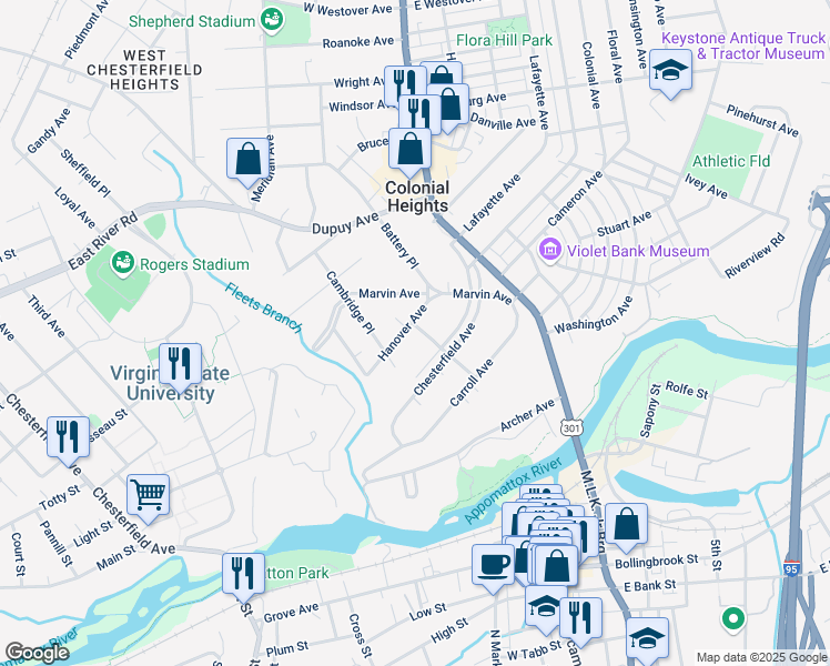 map of restaurants, bars, coffee shops, grocery stores, and more near 115 Hanover Avenue in Colonial Heights