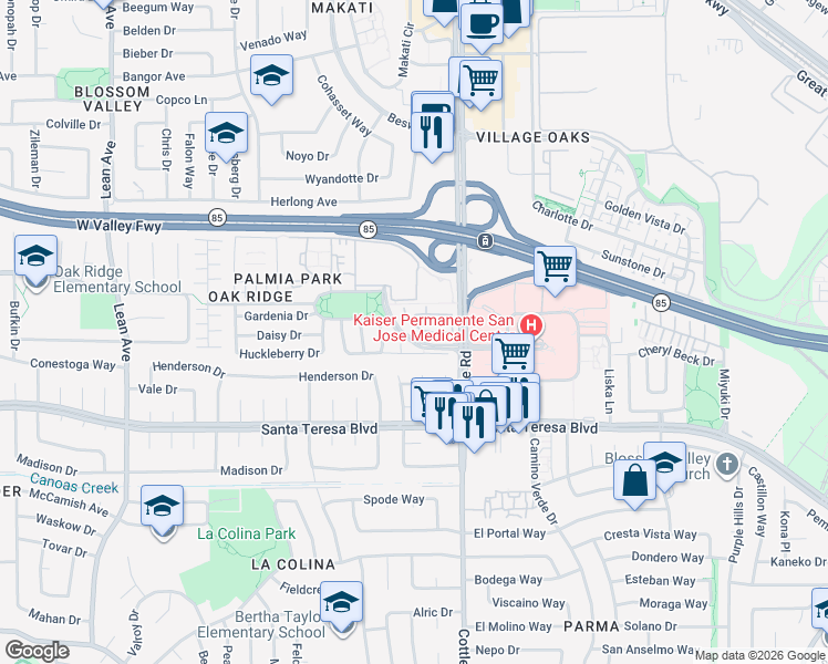 map of restaurants, bars, coffee shops, grocery stores, and more near 380 Ribbonwood Avenue in San Jose