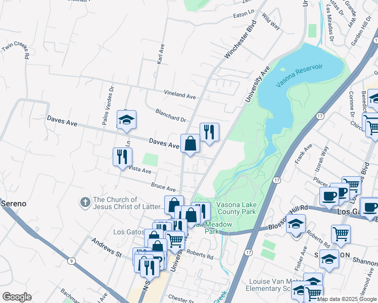 map of restaurants, bars, coffee shops, grocery stores, and more near 17541 Daves Avenue in Monte Sereno