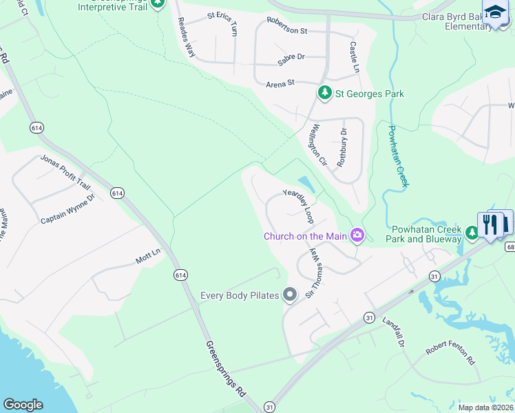 map of restaurants, bars, coffee shops, grocery stores, and more near 4692 Yeardley Loop in Williamsburg