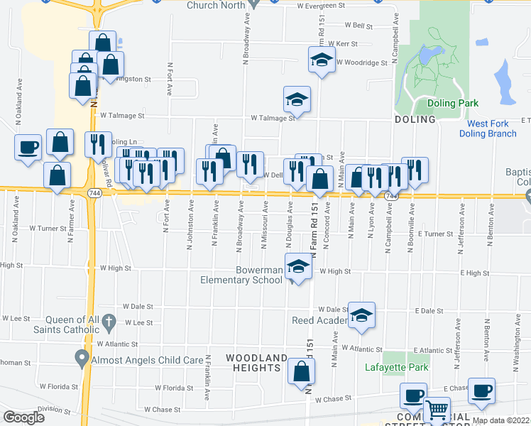 map of restaurants, bars, coffee shops, grocery stores, and more near 2328 North Missouri Avenue in Springfield