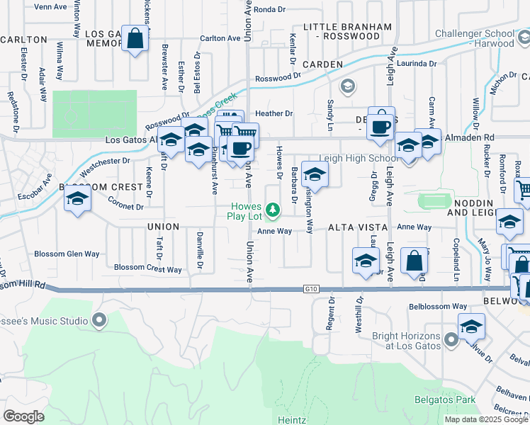 map of restaurants, bars, coffee shops, grocery stores, and more near Thomas Drive in Los Gatos