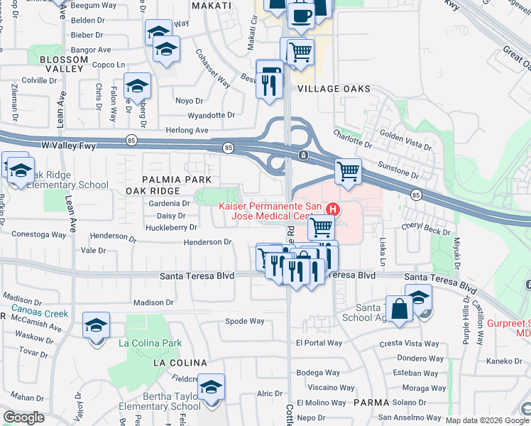 map of restaurants, bars, coffee shops, grocery stores, and more near Ribbonwood Avenue in San Jose