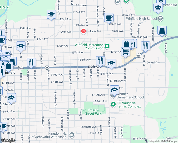 map of restaurants, bars, coffee shops, grocery stores, and more near 1321 East 9th Avenue in Winfield