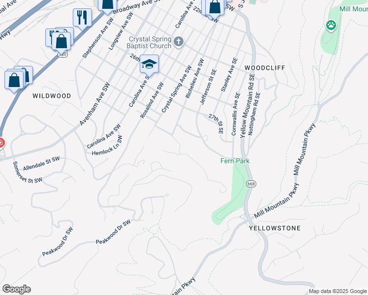 map of restaurants, bars, coffee shops, grocery stores, and more near 2830 Wilton Road Southwest in Roanoke