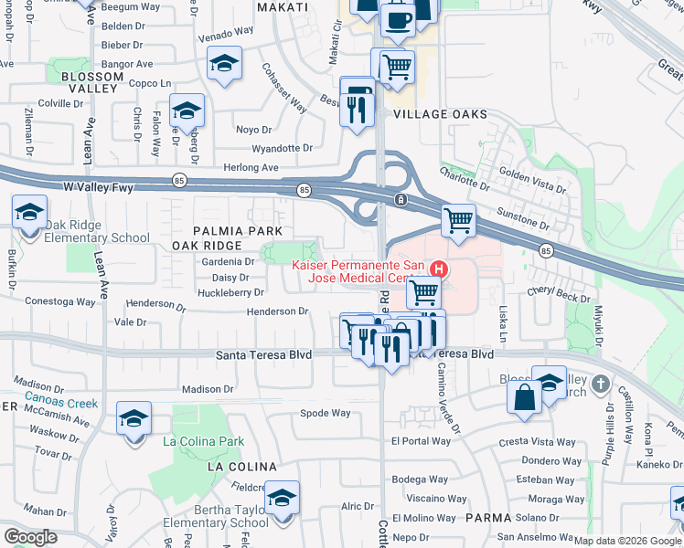 map of restaurants, bars, coffee shops, grocery stores, and more near 380 Ribbonwood Avenue in San Jose