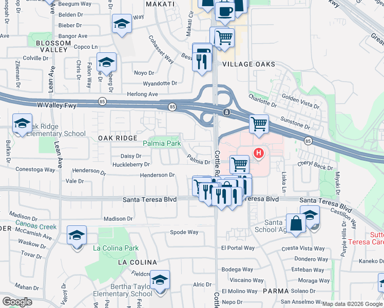 map of restaurants, bars, coffee shops, grocery stores, and more near 445 Ribbonwood Avenue in San Jose