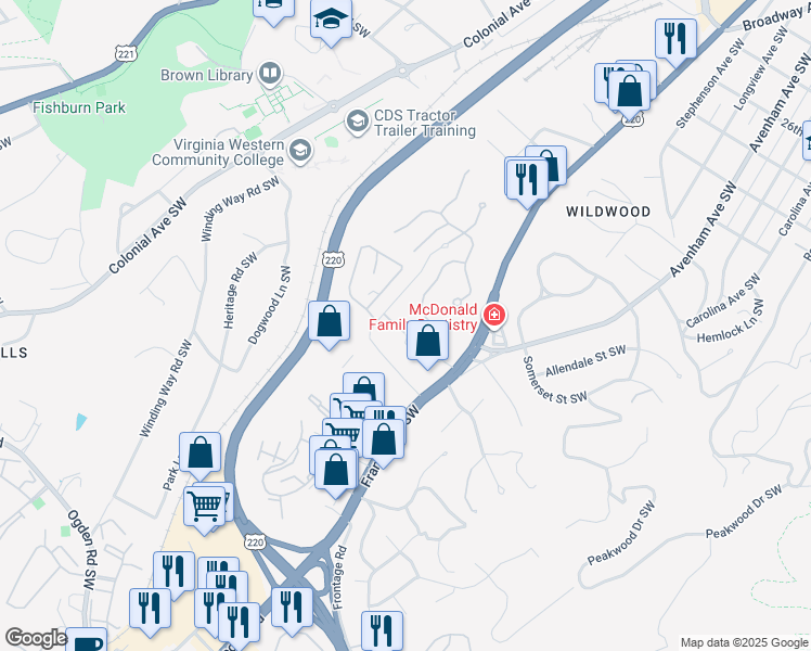map of restaurants, bars, coffee shops, grocery stores, and more near 110-198 Southwest Kingsbury Lane in Roanoke