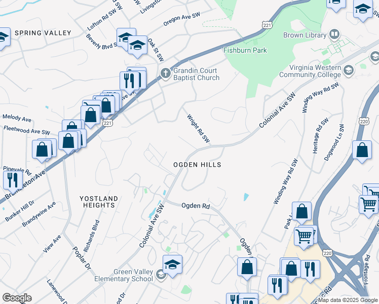 map of restaurants, bars, coffee shops, grocery stores, and more near 3538 Robyn Rd SW in Roanoke