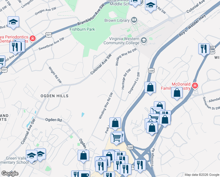map of restaurants, bars, coffee shops, grocery stores, and more near 3722-3730 Winding Way Road Southwest in Roanoke