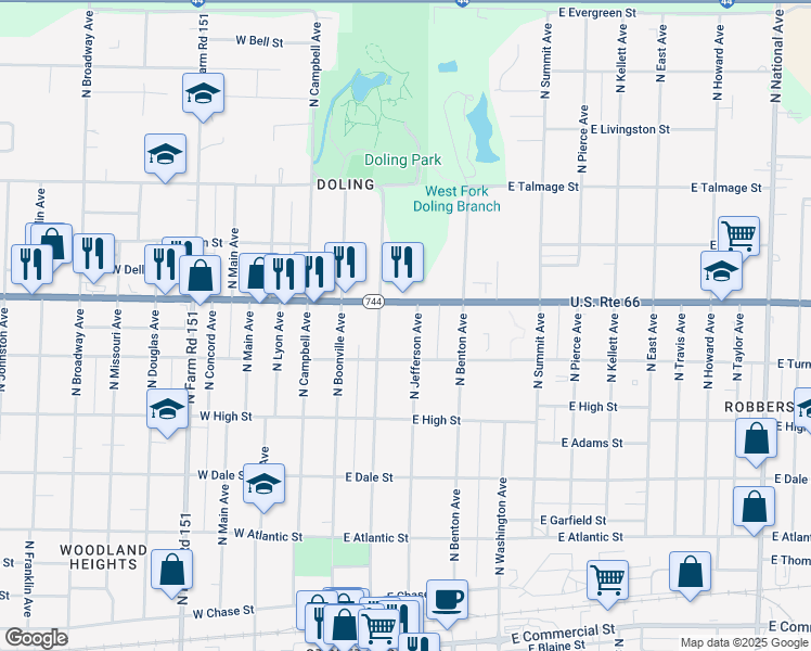 map of restaurants, bars, coffee shops, grocery stores, and more near 302-330 E Kearney St in Springfield
