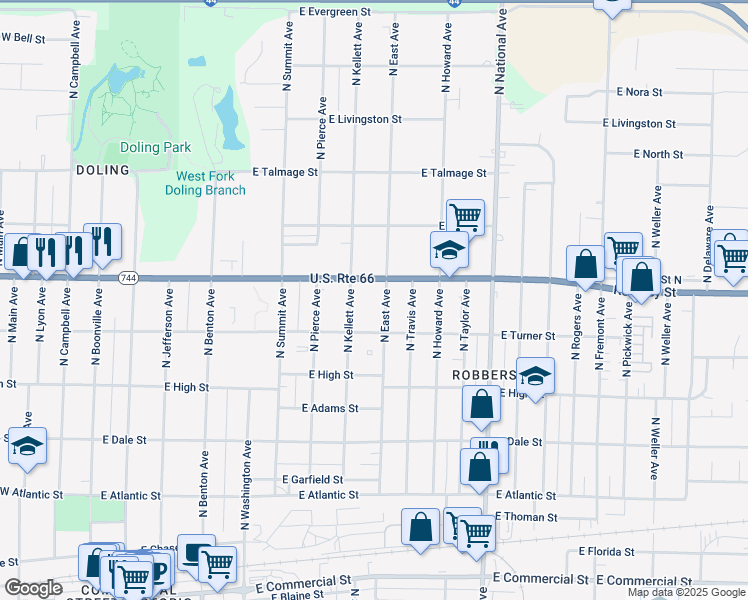 map of restaurants, bars, coffee shops, grocery stores, and more near 910 East Kearney Street in Springfield