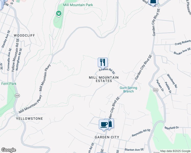 map of restaurants, bars, coffee shops, grocery stores, and more near 825 Estates Road Southeast in Roanoke