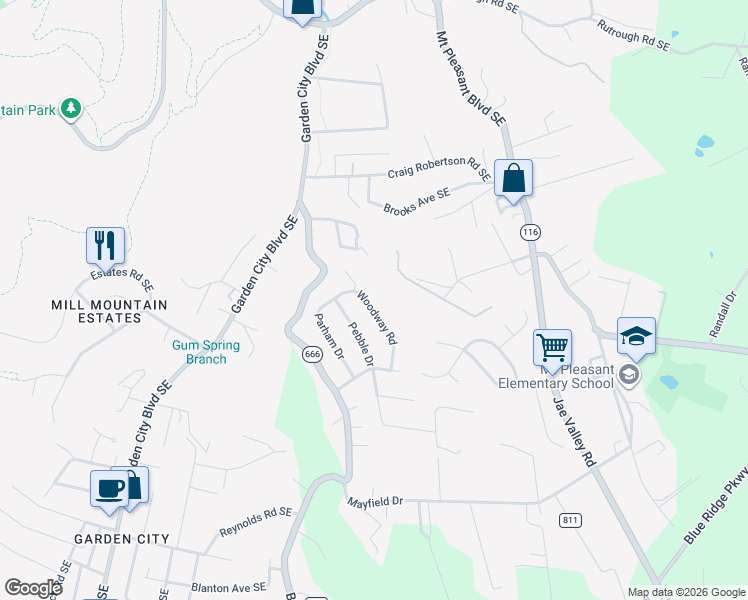 map of restaurants, bars, coffee shops, grocery stores, and more near 1633-2027 Sunnyvale St in Roanoke