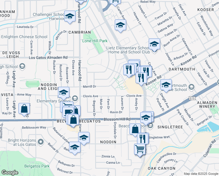 map of restaurants, bars, coffee shops, grocery stores, and more near 1678 Merrill Drive in San Jose