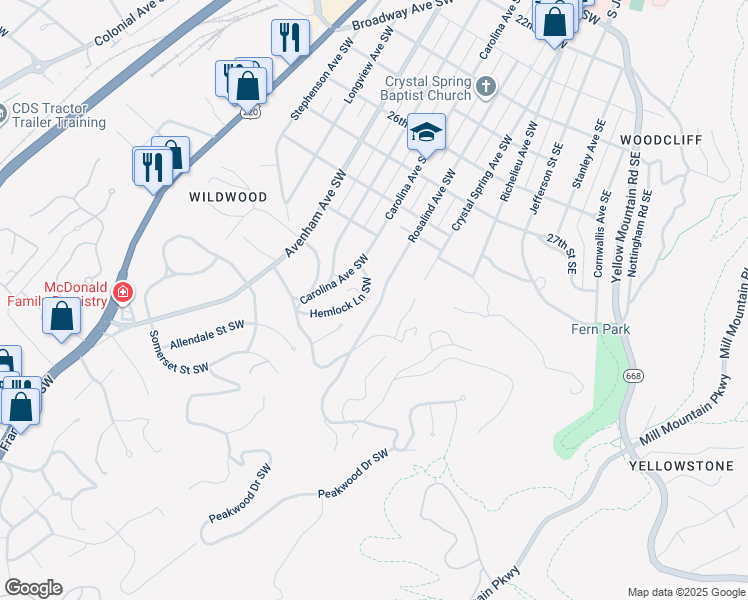 map of restaurants, bars, coffee shops, grocery stores, and more near 2975 Rosalind Avenue Southwest in Roanoke