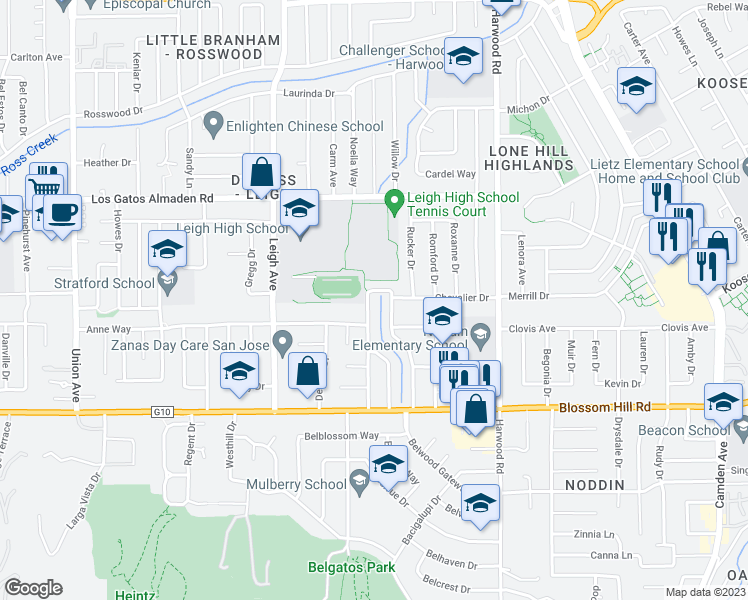 map of restaurants, bars, coffee shops, grocery stores, and more near 5412 Copeland Lane in San Jose
