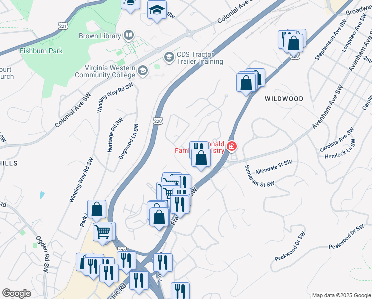 map of restaurants, bars, coffee shops, grocery stores, and more near 110-198 Southwest Kingsbury Lane in Roanoke