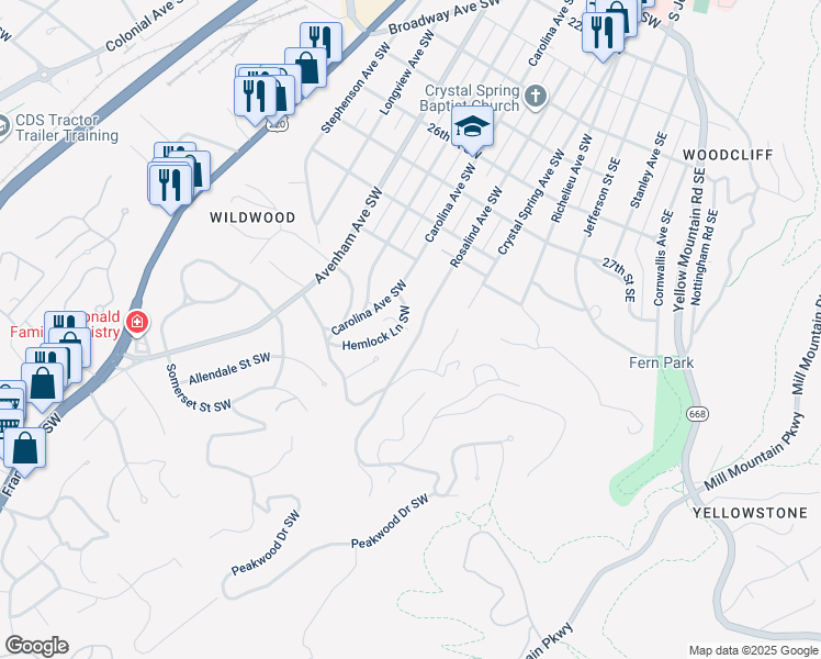 map of restaurants, bars, coffee shops, grocery stores, and more near 2975 Rosalind Avenue Southwest in Roanoke