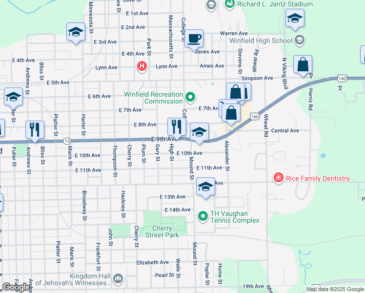 map of restaurants, bars, coffee shops, grocery stores, and more near East 9th Avenue in Winfield