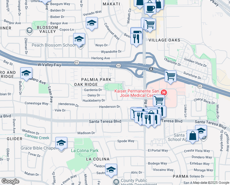 map of restaurants, bars, coffee shops, grocery stores, and more near 244 Primrose Drive in San Jose