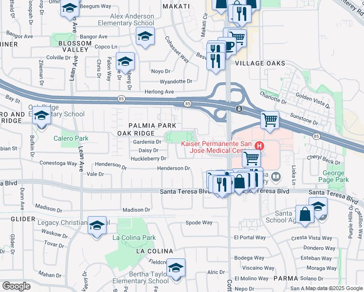 map of restaurants, bars, coffee shops, grocery stores, and more near 244 Primrose Drive in San Jose