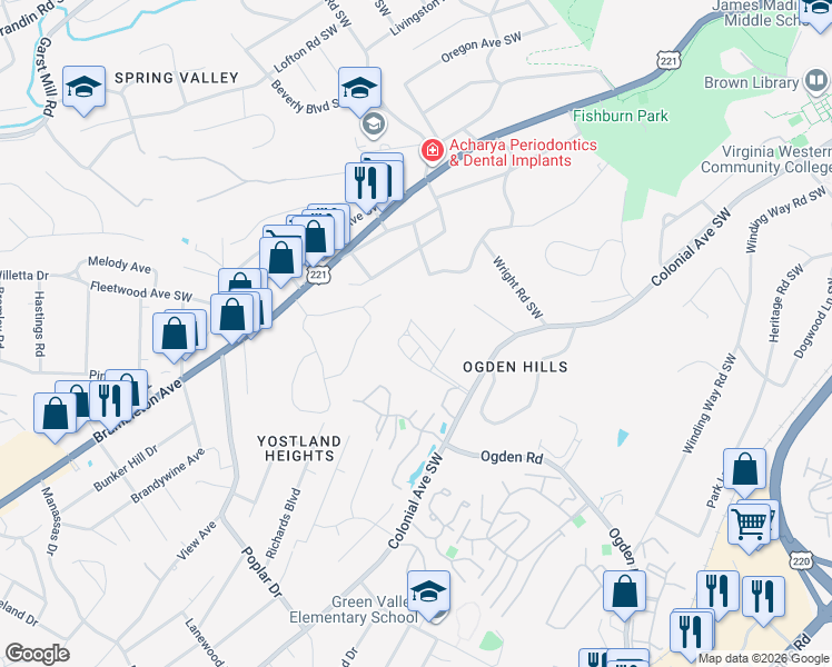map of restaurants, bars, coffee shops, grocery stores, and more near 3618 Colonial Green Circle in Roanoke