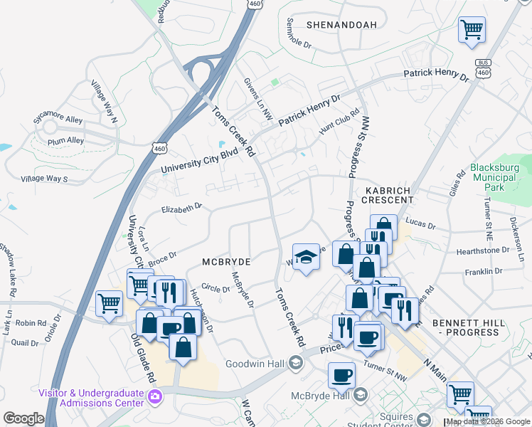 map of restaurants, bars, coffee shops, grocery stores, and more near in Blacksburg