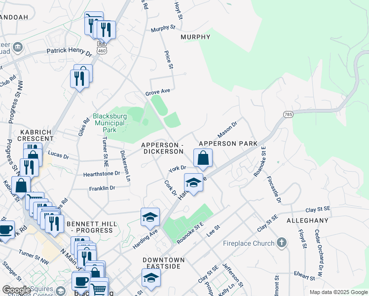 map of restaurants, bars, coffee shops, grocery stores, and more near 412 Patrick Henry Drive in Blacksburg