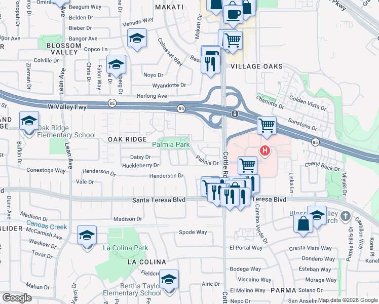 map of restaurants, bars, coffee shops, grocery stores, and more near 5948 Sage Drive in San Jose