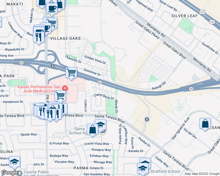 map of restaurants, bars, coffee shops, grocery stores, and more near 6121 Lambeck Lane in San Jose