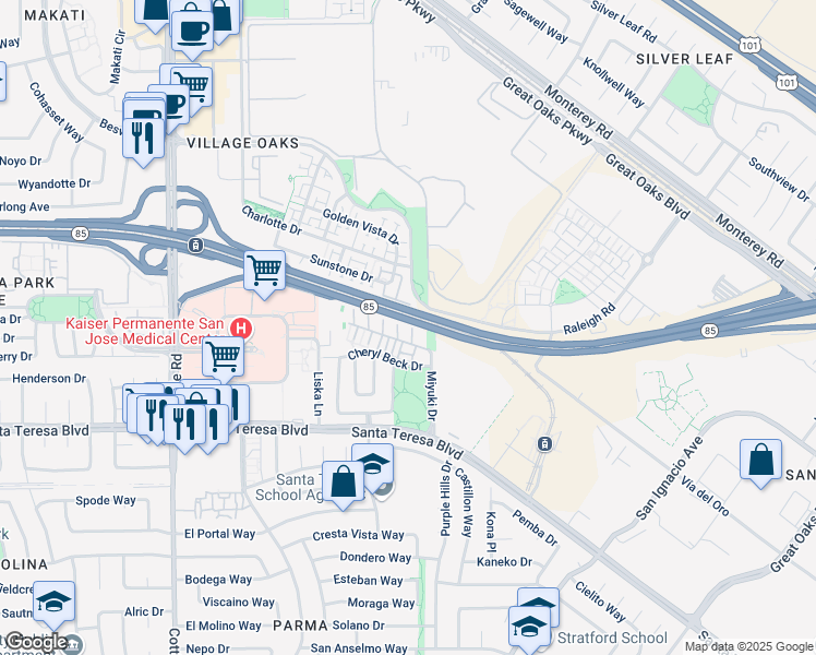 map of restaurants, bars, coffee shops, grocery stores, and more near 6121 Lambeck Lane in San Jose