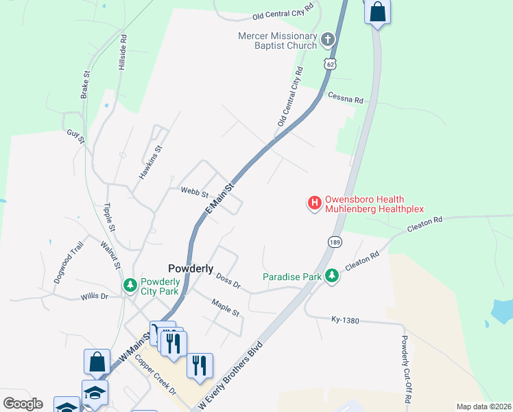 map of restaurants, bars, coffee shops, grocery stores, and more near 117 Circle Drive in Powderly