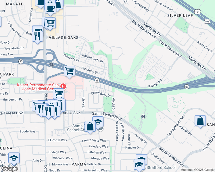 map of restaurants, bars, coffee shops, grocery stores, and more near 6219 White Moonstone Court in San Jose